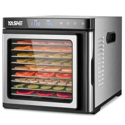 Afbeelding van YASHE Automatische dehydrator van roestvrij staal, 1000 W, voor groenten en fruit, met led display, nauwkeurige temperatuurinstelling (35 75 C), 48 uur timer, 9 roestvrijstalen kommen, 2 zeven