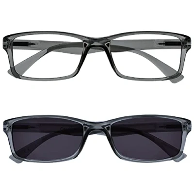 Afbeelding van The Reading Glasses leesbril, zwart met UV400, zonlicht, dubbele set, designerstijl voor mannen en vrouwen, grijs.