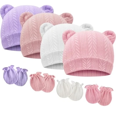 Afbeelding van DRESHOW Babymutsen en wanten, beschermende pasgeborenen, peuters, zacht, schattig, gebreid, muts, 0 6 maanden, één maat, 4 Sets: Bear Ears Hoeden &amp; Mittens A02UK