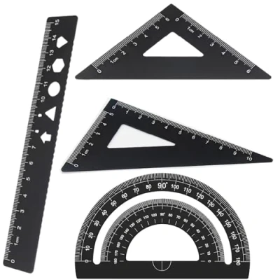 Afbeelding van Metalen liniaal, 4 stuks, wiskundige legeringsliniaal, met 15 cm gradenboog en 2 stuks driehoekige ladder voor studenten, leraren, architecten, ingenieurs