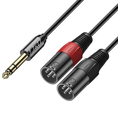 Afbeelding van J&amp;D TRS 6,35 mm (1/4 inch) naar dubbele XLR Y splitterkabel, 2 mannetjes 1/4 inch ongebalanceerde onderling verbinden stereo audio lapje kabel adapter voor spreker AMP