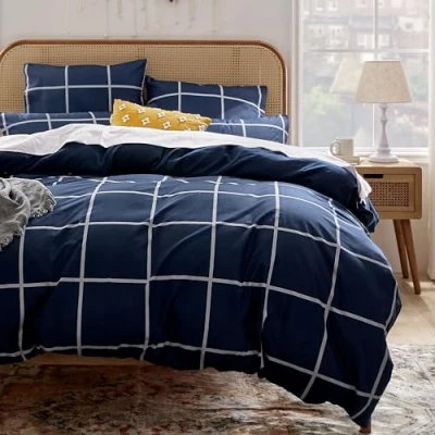 Afbeelding van Sonive Underzy Microvezel beddengoed set, 155 x 200 cm, 80 cm 2, enkel marineblauw geruit