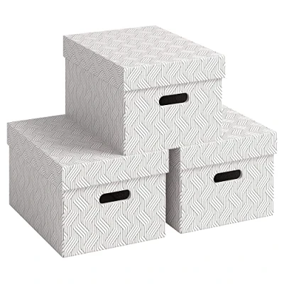 Afbeelding van Leitz VON 61410001 Set van 3 opbergdozen met deksel, 15 l, medium, 100% gerecycled karton, geometrisch design, voor school, studie en thuis, wit, stuks