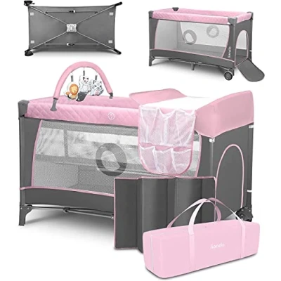 Image de LIONELO Flower 4 en 1, Lit Parapluie et Parc Bébé, Table à Langer Jouets, 2 Niveaux de Matelas, Ouverture Latérale, Roulettes Sac Transport, 0 36 Mois jusqu’à 15 kg