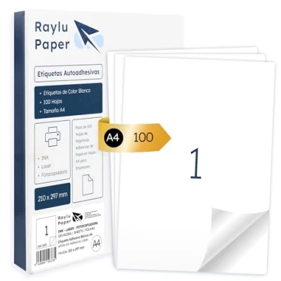 Afbeelding van Raylu Paper ® 100 witte zelfklevende etiketten van A4 papier voor laserinkjetprinters en kopieerapparaten, 1 etiket per vel (210 x 297 mm)