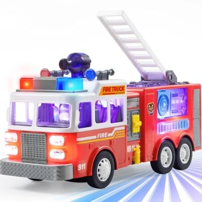 Afbeelding van JOYIN led brandweerwagen voor peuters, 4D projecties en sirenes, Bump and Go brandweerwagens met modusschakelaar volumeregeling, grote jongens