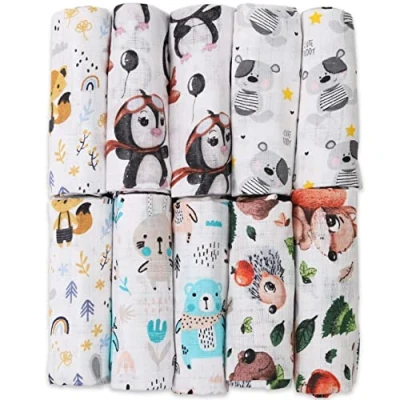 Afbeelding van FENSILO 10 stuks gaasdoekjes, 70 x 80 cm, stoffen luiers, gemaakt in de EU, getest op schadelijke stoffen, babydoekjes voor meisjes en jongens, met pinguïn witte eekhoorn