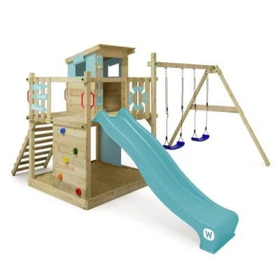 Afbeelding van WICKEY speeltoestel klimtoestel Smart Camp met schommel &amp;pastelblauwe glijbaan, outdoor klimtoren voor kinderen zandbak, ladder &amp; speelaccessoires de tuin
