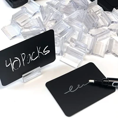Afbeelding van 40 stuks herbruikbare synthetische borden + bases van 25 mm vloeibare krijtmarker, prijzenhouder, mini krijtborden voor prijs (transparant)
