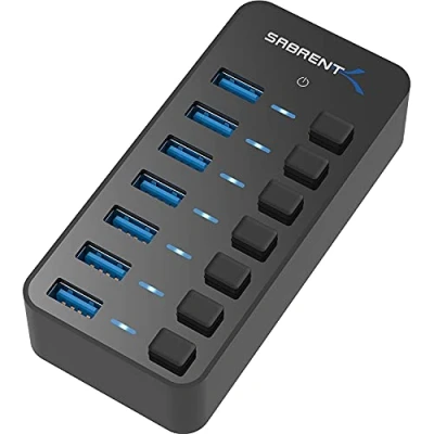 Image de SABRENT hub USB actif 3.2 x 1, avec bloc d&#039;alimentation 36 W 7 ports, adaptateur USB, répartiteur alimenté, câble long interrupteur marche/arrêt, pour PS5, PC, ordinateur portable,