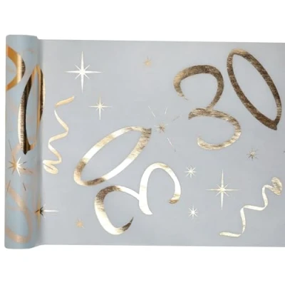 Afbeelding van Santex tafelloper wit goud 30 jaar cm x 5 m decoratieve stof banner tafelkleed