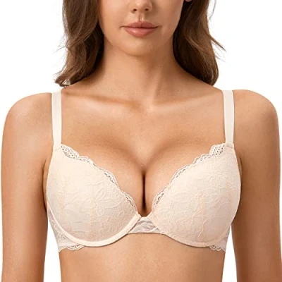 Afbeelding van DOBREVA Kanten push up beha met beugel, diep decolleté, gevoerd en voorgevormd, Roze Wit