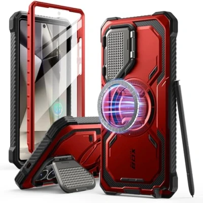 Afbeelding van i Blason Armorbox Beschermhoes voor Samsung Galaxy S25Ultra 2025, schokbestendig, compleet, met standaard lens en displaybescherming, rood