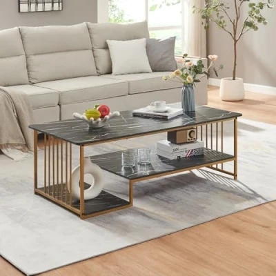 Afbeelding van Salontafel Klibro marmerlook zwart en goudkleurig 120x60x42 cm [en.casa]