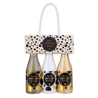 Afbeelding van accentra Laten we de cadeauset voor dames in champagneflessen van kunststof vieren Bad en doucheset met theeroos fluweel inclusief douchegel, bodylotion zouten