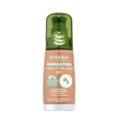 Afbeelding van Deborah Milano Pure Nude Bio Foundation, nr. 01 Ivory, met vitamine C en aloë vera, SPF 20, vloeibare textuur gemiddelde dekking, voor een gelijkmatige, stralende fluweelachtige teint
