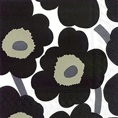 Afbeelding van Marimekko Unikko traditionele papieren servetten, bloemenmotief, wit/zwart, 20 stuks