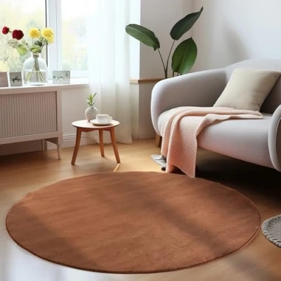 Afbeelding van HomebyHome Vloerkleed, 200 cm, rond, bruin, wasbaar, laagpolig, effen, modern design, antislip, extra zacht, pluizig, voor woonkamer, slaapkamer, kinderkamer