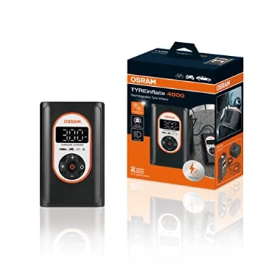 Image de OSRAM TYREinflate 4000 Gonfleur de pneu sans fil rechargeable Compresseur d&#039;air numérique programmable avec arrêt automatique et gonflage des pneus à lumière LED en 3,5 minutes