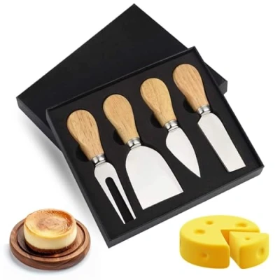 Afbeelding van 4 stuks roestvrijstalen kaasmessen met houten handvat, kaassnijder, mini voor cake, dessert, kaassalade