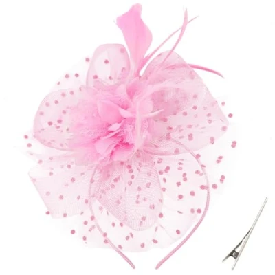 Afbeelding van DRESHOW Fascinator hoed veer bruiloft dames dag hoofdband en clip cocktail thee party voor meisjes vrouwen, 1 stuk: 03 R roze