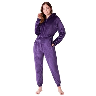 Afbeelding van Damespyjama, rompertje voor dames, all in one onesie, van fleece, S XL., Donker Paars