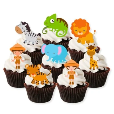 Afbeelding van Set van 24 voorgesneden eetbare cupcake toppers, taartdecoraties, jungledieren