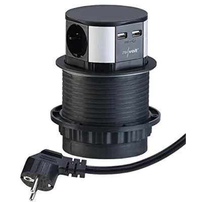 Afbeelding van revolt Bureaustopcontact: inbouwtafelstopcontact, 3 stopcontacten, 2 USB poorten, Ø 100 mm, zwart (tafelstopcontact, ronde tafelcontactdoos, iPhone laadstation)