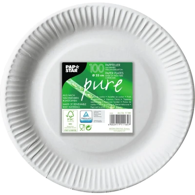 Afbeelding van bord &quot;pure&quot;, rond, wit, diameter 23 cm, uit karton, pak van 100 stuks