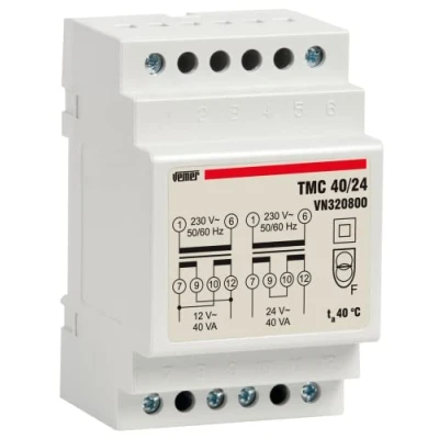 Afbeelding van VEMER VN320800 TMC 40/24 transformator voor montagerails met 230 V primaire spanning, 12 24 secundaire spanning en vermogen 40 VA, wit