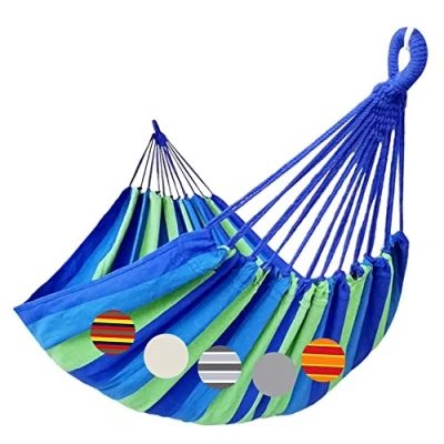 Afbeelding van GOCAN hangmat, 2 personen, 220 x 160 cm, totale lengte 330 belasting 300 kg, canvas katoenen voor buiten, tuin, binnen, kinderen, balkon, blauw
