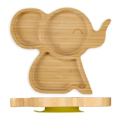 Afbeelding van Relaxdays vakjesbord olifant kinderbord met zuignap babybordje 3 vakken bamboe bord