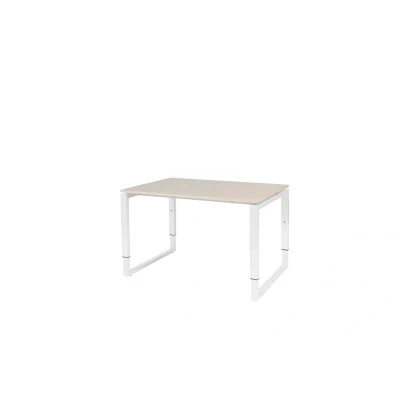Afbeelding van Domino Plus bureau, hoogte instelbaar (62 85cm) met 120x80cm &#039;zwevend&#039; lindberg (licht) eiken 25mm blad en wit (RAL9010) O poot frame