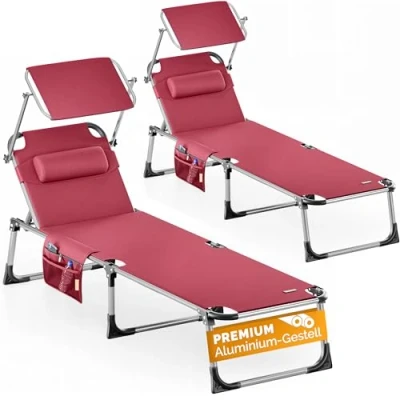 Afbeelding van Casaria® Set van 2 ligstoelen, inklapbaar, weerbestendig, met dak, zijtas, belastbaar tot 180 kg, aluminium, licht, voor strand, zwembad, rood