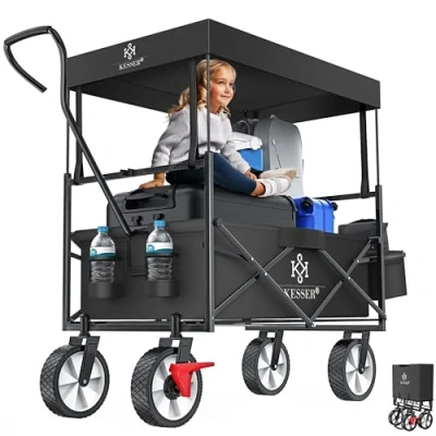 Afbeelding van KESSER® Opvouwbare transportwagen met dak, armwagen, trolley wielen, transportaanhanger, 2 netvakken en een buitenvak inbegrepen, opvouwbaar, zwart