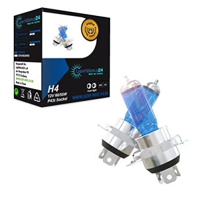 Afbeelding van LIGHTWORLD24 H4 halogeenlamp voor autokoplamp, 60/55 W, 12 V, groot licht, xenon look, fitting P43t
