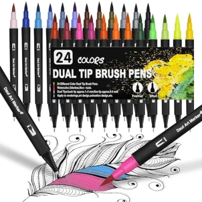 Afbeelding van Dual Brush 24 dubbele vezelstiften op waterbasis voor aquarel, bullet journal, kalligrafie, manga, kleurboeken met viltstiften en fijne