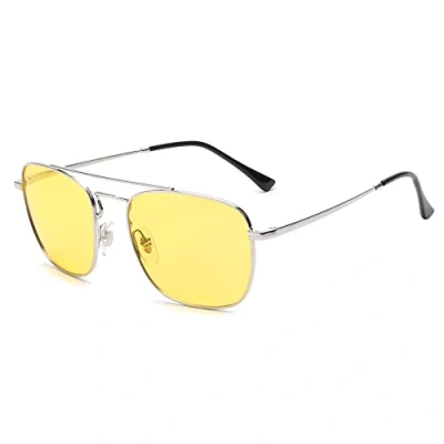 Afbeelding van JIM HALO Retro Vierkante Piloot Zonnebril Premium Glas Platte Lens Metalen Mannen Vrouwen, Zilverkleurig montuur / gele gepolariseerde glazen