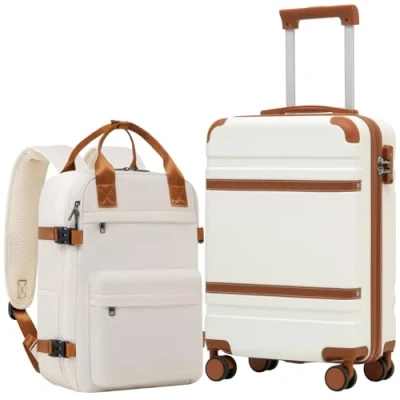 Afbeelding van COOLIFE Cabinekoffer 55 x 35 20 cm voor Ryanair vliegtuig, handbagage, cabinebagage, harde koffer met TSA slot en 4 dubbele wielen, Wit/Bruin, wielen