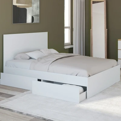 Image de lit double OMAHA 4 tiroirs sur roulettes avec tête de et sommier 140 x 190 cm blanc