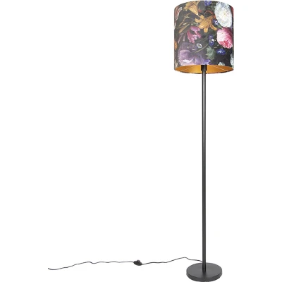 Afbeelding van QAZQA Romantische vloerlamp zwart met bloemen kap 40 cm Simplo