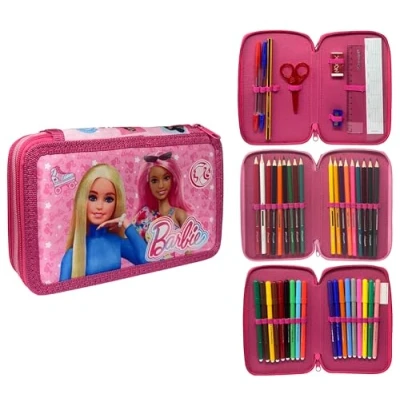 Afbeelding van CARTOON Trousse 3 zip complet 44 pièces pour l&#039;école multi compartiments stylos crayons couleurs marqueurs Giotto, Barbie, Moderne
