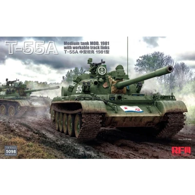 Afbeelding van 1:35 Rye Field Model 5098 T 55A Medium Tank Mod. 1981 with workable track links Plastic Modelbouwpakket