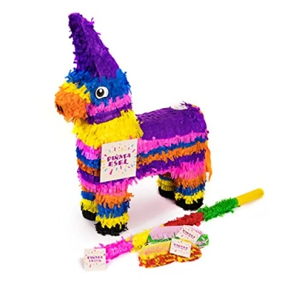 Afbeelding van Trendario Pinata ezelmotief + stok oogmasker, ideaal om te vullen met snoep en geschenken, piñata paard voor kinderverjaardag, cadeau idee, feest, bruiloft