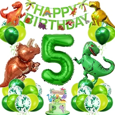 Afbeelding van dinosaurus verjaardag, ballon 5 jaar, nummer 5, groen, verjaardag helium, decoratie jongens,