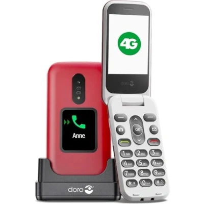 Afbeelding van Doro 2880 4G mobiele telefoon met klep voor senioren eenvoudig te bedienen zonder internet dubbel scherm ondersteuningsknop spraaktoetsen Bluetooth Cradle (rood/wit)