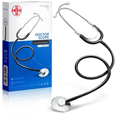 Image de AIESI® Stéthoscope Professionnel à tête plate pour adultes couleur noire DOCTOR SCOPE, Garantie 24 mois