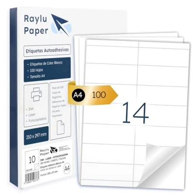 Afbeelding van Raylu Paper ® Witte zelfklevende etiketten om af te drukken, van A4 papier voor laserinkjetprinters en kopieerapparaten, 14 per vel (105 x 41 mm)