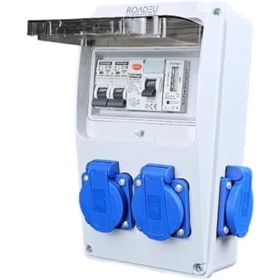 Afbeelding van RoadEu Stroomverdeler 230 V met teller, 4 Schuko stopcontacten, stekkerverdeler 40 A type A/AC Fi stroomonderbreker, 2 x C16A IP44 bouwstroomonderbreker,