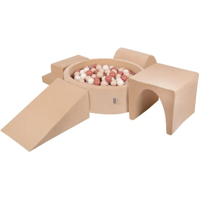 Afbeelding van KiddyMoon Schuim speeltuin VELVET PPZP OK30V 125 met zand beige ballen: pastel haired wit 200 zwembad/club L/groef/tunnel/trap